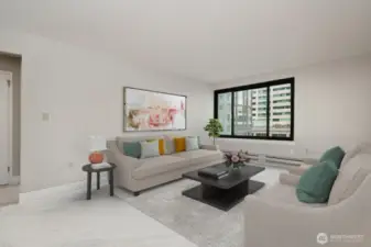 Another view of the living room and the south-facing window.  Virtually staged living room from another angle.