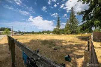Looking across the middle fenced pasture with the run-in shed.