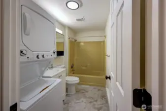 Full bath with partial remodel including new washer dryer, flooring, cabinetry, paint and lighting.