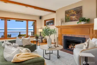 Gas fireplace anchors the cozy living room.