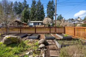 Fenced in garden area with raised beds!