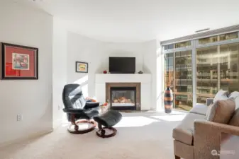 Light filled spacious living area with gas fireplace and floor to ceiling windows and new custom blinds.