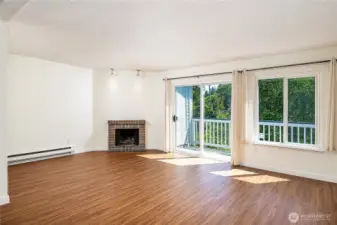 Living room with fireplace. East facing windows provide great natural light throughout the day.