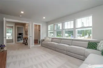 Media room with walk in closet.