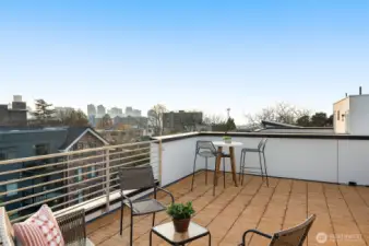 Rooftop deck with stunning cityscape and Space Needle views, perfect for hosting or unwinding in the heart of Seattle.