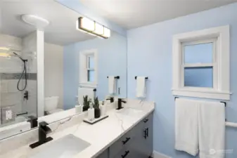 Bathroom on Main with custom cabinets including a storage cabinet you can't see in the picture.