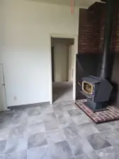 dining area with wood stove