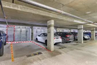 Your designated parking spot and storage unit. The parking garage is below your building and has two separate entries/exits. There is also a communal area to lock your bike in.