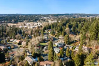 Aerial view with downtown Woodinville only 4 minutes away