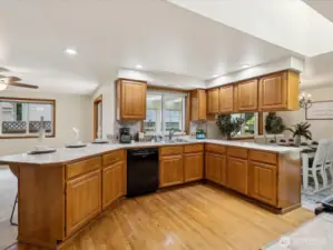 Large kitchen opens to family room and dining room