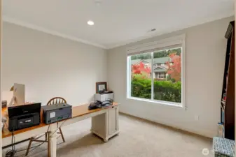 Versatile main floor room with large picture window and views of the landscaped front yard. Perfect as a home office, guest room, or study, this flexible space balances productivity and comfort.