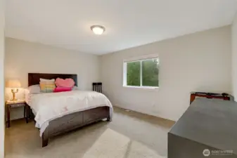 Bright and spacious upstairs bedroom with soft natural light and a peaceful view of the surrounding trees. Neutral tones and plush carpet create a calm, welcoming atmosphere for guests or family.