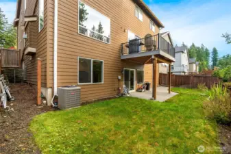 Fully fenced backyard with lush green lawn, patio, and covered deck area above. The lower-level walkout provides easy access from the daylight basement, offering flexible outdoor living and entertaining options.
