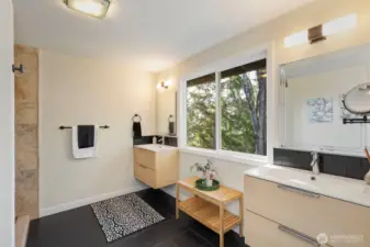 Primary bathroom with 2 vanities and HUGE shower!