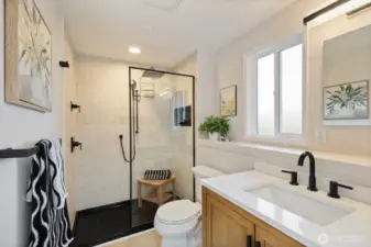 Renovated lower level 3/4 bath.