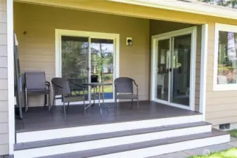Covered back deck with composite decking.