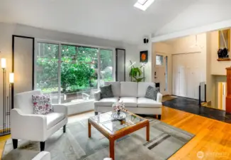 Cheerful view from the living room.  Bamboo Flooring.