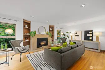 Spacious living room with a gas fireplace.