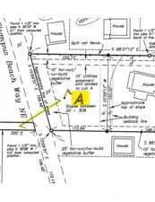 A close up map of Lot A showing a 10' no-build vegetative buffer along the northern boundary and a 10' utility easement from the lot above to Lot A.  (This is the logical area for the water line to gravity feed to this property from the Group B Water System above.)