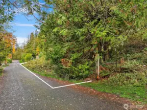 An approximation of Lot A's frontage along Olympus Beach Road photographed from the south.  Note, the corner stakes have recently been re-flagged by AGO Land Surveying.