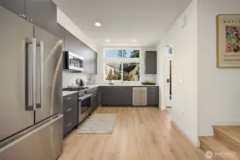 Chef’s kitchen featuring premium stainless steel appliances, modern cabinetry, and sleek quartz countertops