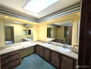 Huge bathroom off of the primary bedroom. Double sinks and a shower. Garden tub was removed leaving a great space for additional cabinets or maybe a bench?