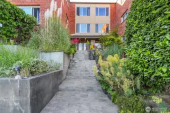Main entry with mature plantings.