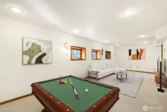 Enter the lower level to the rec room. This room is sizable and allows for a game room and tv/entertainment space. This room is virtually staged.