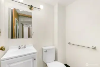 The 3/4 bathroom on the lower level has a newer toilet and new vanity. Walk-in shower to the right of this photo.