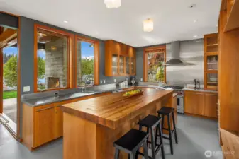 Gather at the wood-topped center island.