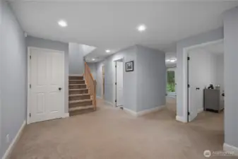 Downstairs.  Opens to the living room.