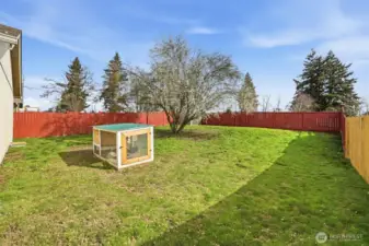 Large Fenced Backyard  Generous fully fenced backyard with plenty of space for entertaining, gardening, pets, or relaxing while enjoying views of Mt. Rainier.