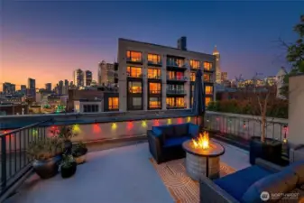 View Rooftop Terrace at sunset, Olympic Mountains fading into the horizon