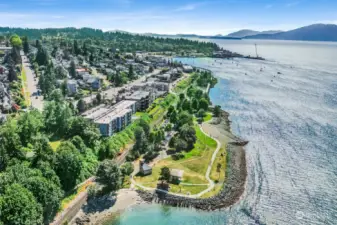 Aerial view looking down on complex and Boulevard Park toward Fairhaven.