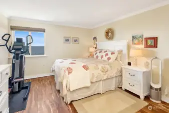 Primary bedroom with water views. Easy care wood floors.