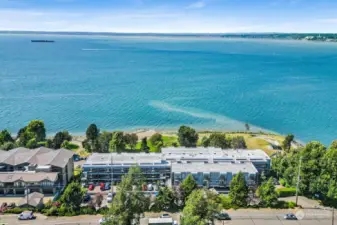 Aerial view of complex with Bellingham Bay.