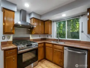 The new 5-burner gas range with pro-style vent hood is the focal point of this amazing kitchen.