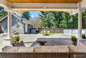 covered patio with heaters and surround sound