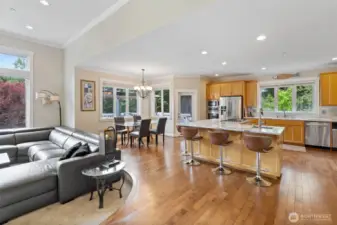 Plenty of casual seating around the kitchen. Easy access to a large view deck.
