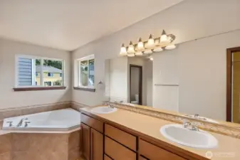 Large primary bath with double vanity, soaking tup and shower