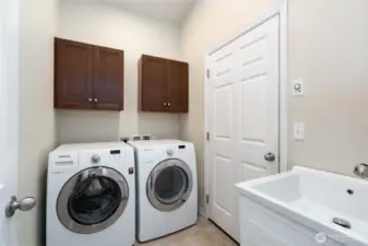 Utility Room that adjoins 2-car garage featuring storage and sink