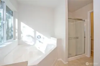 The primary ensuite offers a luxurious soaking tub and a walk-in shower, with a private water closet conveniently located just beside the shower.