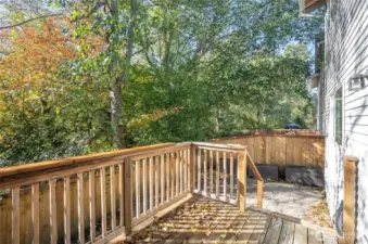 Deck accessible from the family room, overlooking a lower stamped concrete patio.