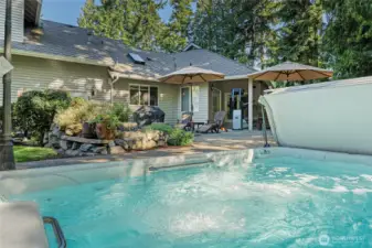 Back patio with water feature and swim spa.