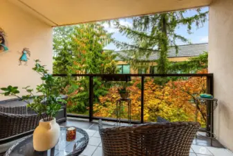 Relax outdoors year-round on the private, tiled deck overlooking lush foliage.