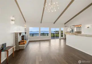 Vaulted ceilings with exposed beams.