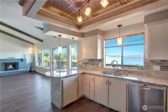 Updated kitchen with beautiful ceiling detail.
