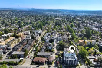 A view of the Crown Hill townhome looking South to Elliott Bay, Downtown, and Mt. Rainier.