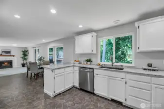 Open flow from kitchen to eating space, into family room.