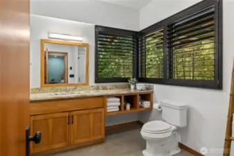 The guest house bathroom with views to the front of the property.